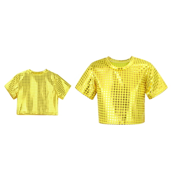 Teen Boys Girls Sparkly Sequin Crop Tops Short Sleeves Tops Blouse Latin Jazz Hi Hop Performance 14-16 Years