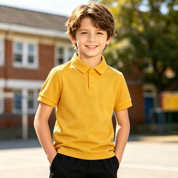 Boys Golf Polo Shirt School Uniform Yellow Short Sleeve Button Collared Tee Casual Performance Active T Shirt Size 8-9 Years