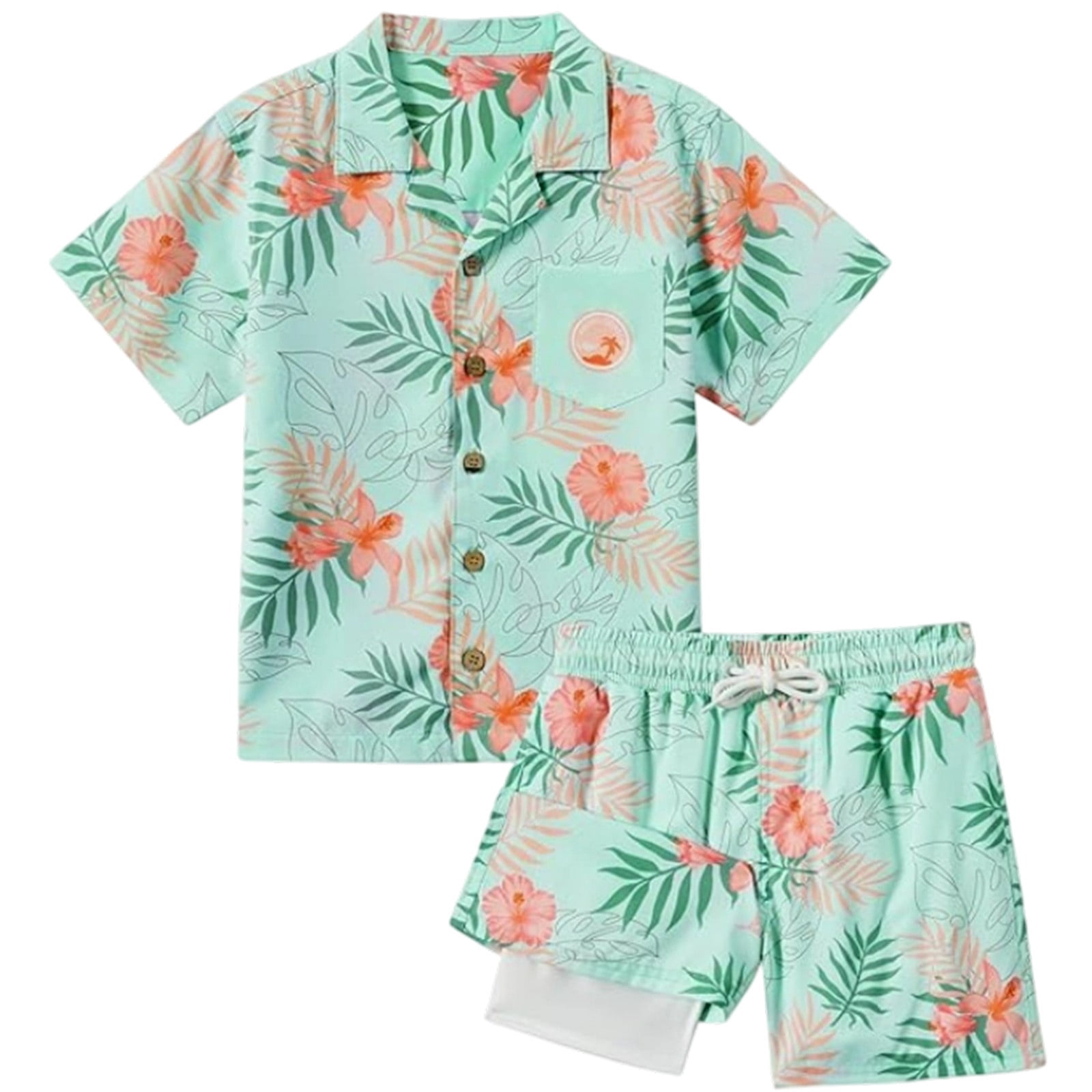 Teen Boys Hawaiian Outfit 2 Pcs Leaf Graphic Print Matching Short Sleeve With Shorts Casual Pullover Sweatsuit Beach Vacation Clothes Size 13-14T
