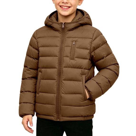 Teen Boys Hooded Puffer Jacket Lightweight Winter Warm Quilted Coat Full Zip Water Resistant Outerwear with Pockets Windproof Padded Jacket for Cold Weather, Size 13-14