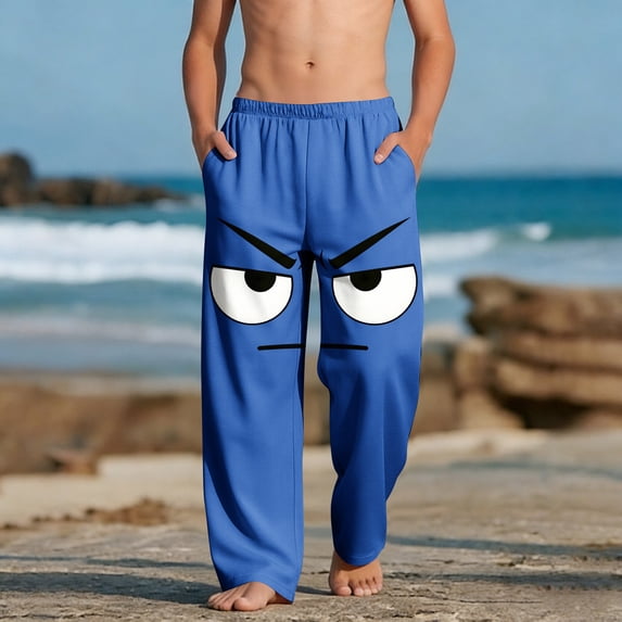 Teen Boys Minimalist Grumpy Face Print Joggers Lightweight Cotton Mix Sweatpants for Sleepwear Home, 4-13Y
