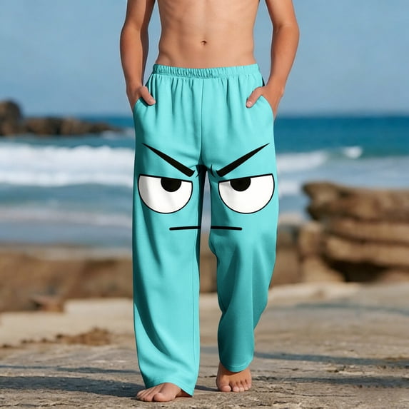Teen Boys Minimalist Grumpy Face Print Joggers Lightweight Cotton Mix Sweatpants for Sleepwear Home, 4-13Y
