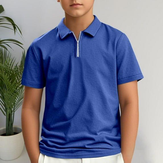 Teen Boys' Polo Shirts Blue Polo Shirt Rugby Button Down Shirt with Short Sleeves Boys Shirts Size 13-14 Years