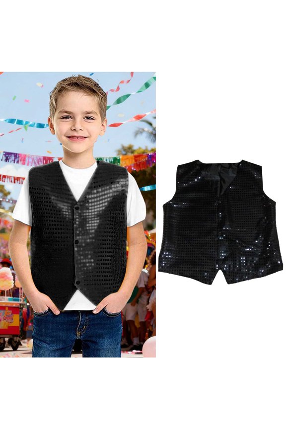 Teen Boys Shiny Sequins Vest Sleeveless Button Down Jacket Vest for Latin Jazz Ballet Dance Party Stage Performance 13-14 Years