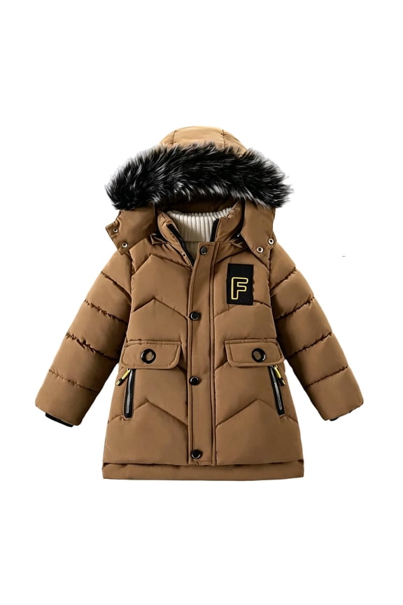 Teen Boys Ski Jacket Parka Size 5-13Y Winter Fleece Lined Hooded Warm Padded Coat Thicken Outerwear Long Coat Clothes Outdoor Khaki 5-6Years