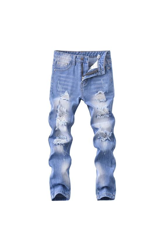 Boys Fit Cotton Ripped Destroyed Distressed Slim Jeans Kids Stacked Washed Denim Pants Slacks for Boy 2025 2026 Spring Fall Trendy Clothes (Light Blue,Light Blue-01)