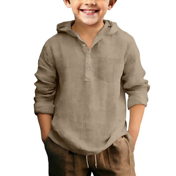 Teen Boys Soft Cotton Hooded Shirts Casual Long Sleeve Button down Shirt for Kids Summer Comfy Tops with Pocket Plain Clothes