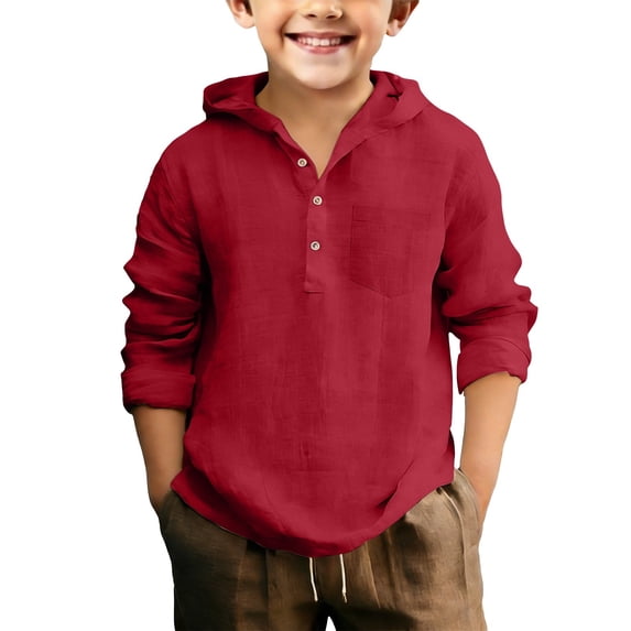 Teen Boys Soft Cotton Hooded Shirts Casual Long Sleeve Button down Shirt for Kids Summer Comfy Tops with Pocket Plain Clothes