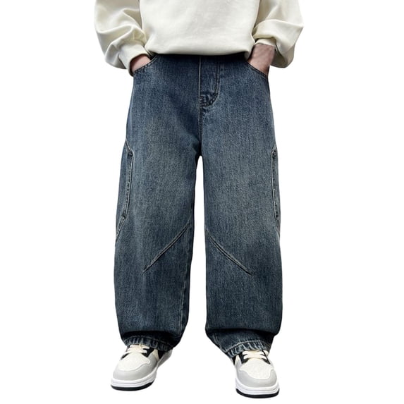Teen Boys Wide Leg Baggy Jeans Soft Elastic Waist Denim Pants Kids Vintage Casual Straight Leg Trousers Youth Husky Jeans