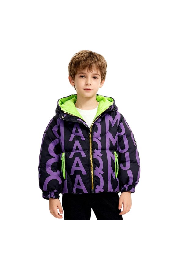 Teen Boys Winter Warm Insulated Puffer Jacket Cute Cartoon Windbreaker Coats Rain Jacket Hooded Zip Light Outerwear Purple 4-5 Years