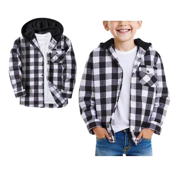Teen Button down Boys Shirt Plaid Hooded Long Sleeve Shirt Fall Light Jacket Size 13-14 Years Boys Shirts