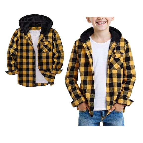 Teen Button down Boys Shirt Plaid Hooded Long Sleeve Shirts Fall Light Jacket Boys Tops Size 13-14 Years