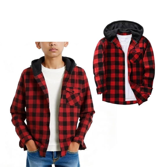 Teen Button down Shirt Boys Plaid Hooded Boys Long Sleeve Shirts Fall Light Jacket Boys Jackets Size 11-12 Years