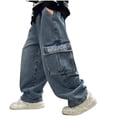 thumbnail image 1 of Teen Cargo Baggy Jeans Y2K Boys Girls Loose High Waist Straight Vintage Casual Wide Leg Hip Hop Denim Pants Kids Trousers, 1 of 6
