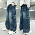 thumbnail image 1 of Teen Casual Straight Wide Leg Cargo Jeans Relaxed Fit Jogger Jeans With Stretch Fabric Durable,A-Dark Blue 130, 1 of 7