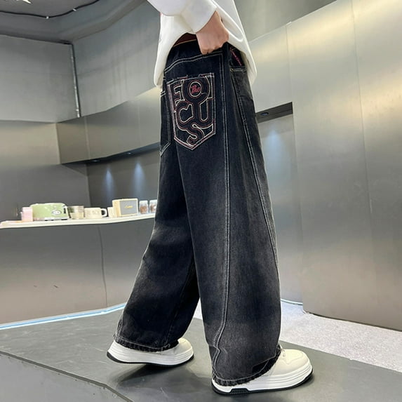 Teen Casual Straight Wide Leg Cargo Jeans Ribbed Elastic Waist Cotton Pants for Kids for Men Women Y2k Skater Vintage Plain Pants,B-Black 120