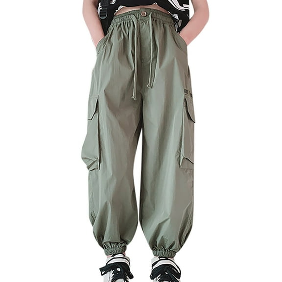 Teen Children Pants For Girls Casual High Elastic Waisted Drawstring Loose Fit Multi Pockets Kid Tall Cargo Sweatpants Size 11-12T