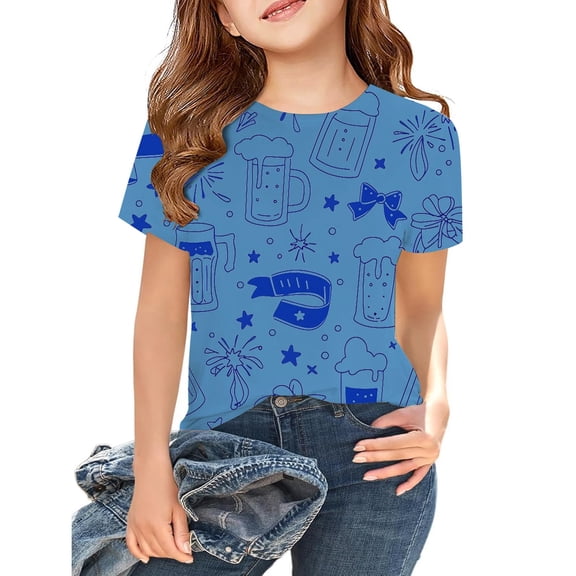 Teen Clothes for Girls Blue Printed Girls Short Sleeve Tops Crewneck Girl Summer Outfits Toddler Girl Clothes 10-11 Years