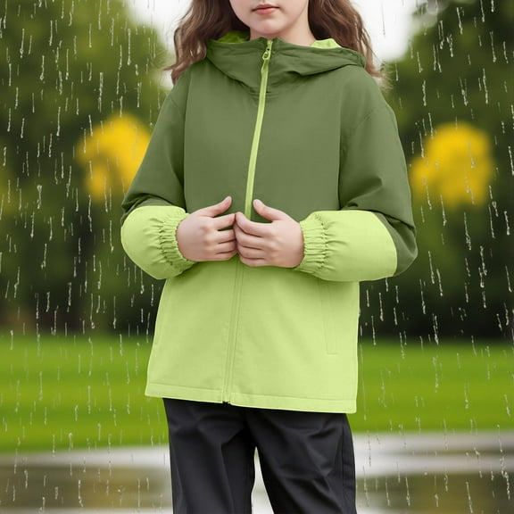 Teen Color Block Hooded Windbreaker Jacket Boys Girls Lightweight Windproof and Waterproof Raincoat with Pocket Comfort Breathable Coat Outdoor Fall Winter Clothes 4-15 Years Kids