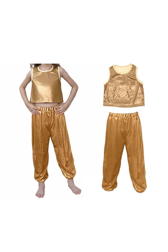 Teen Dance Sequin Gold Dance Sleeveless Tank Top and Pants Set Dance Outfits Stage Performance Outerwear 10-11 Years