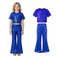 thumbnail image 1 of Teen Dance for Girls Sequin Blue Dance Short Sleeve Top and Flared Pants Two Piece Outfit Set Girls Disco Street Dance Outerwear 12-14 Years, 1 of 7