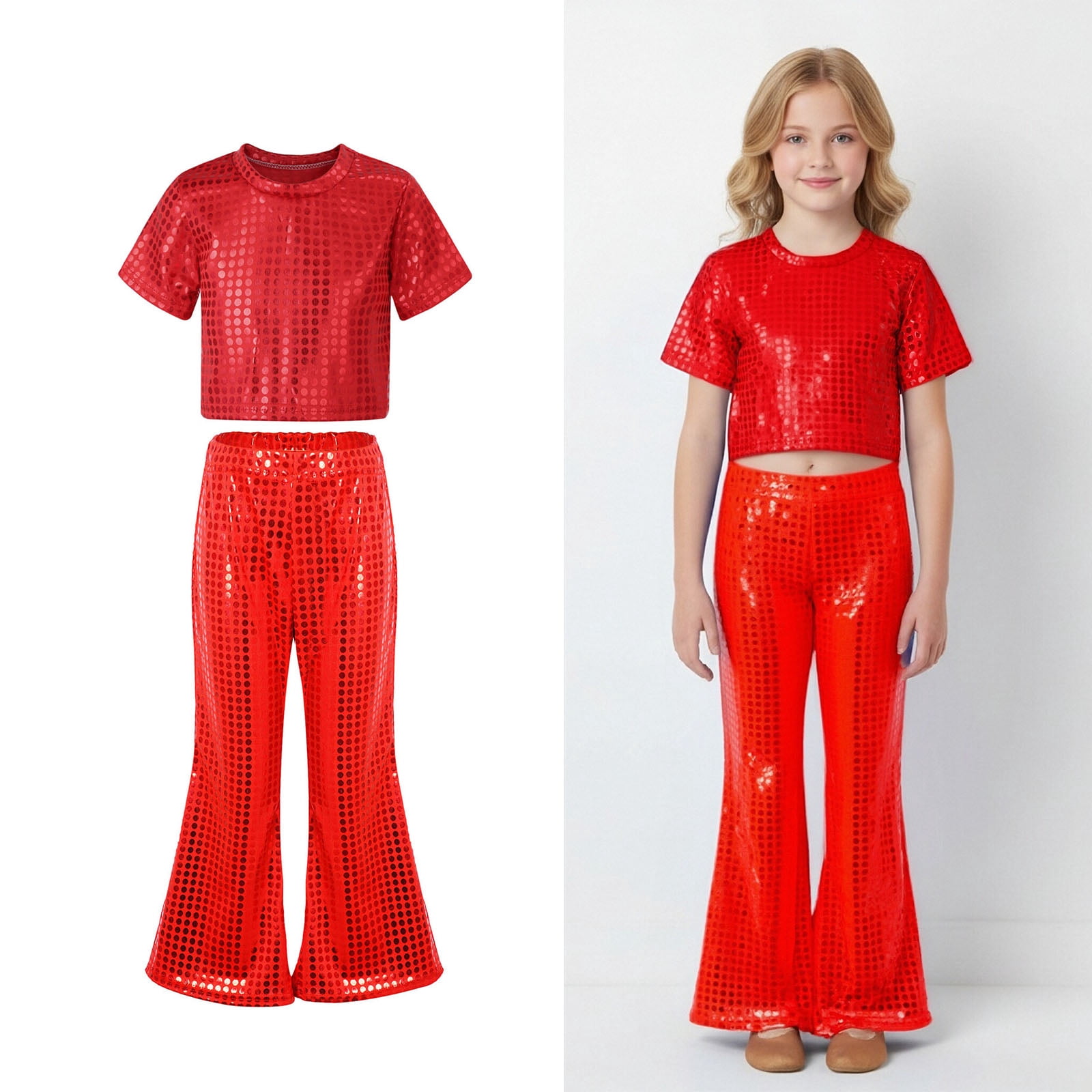 Red 4649 Dance for Girls Sequin Red Dance Short Sleeve Top and Flared Pants Two ...