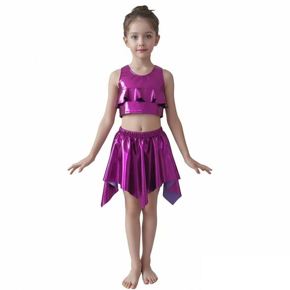 Teen Dance for Girls Sparkly Purple Dance Sleeveless Ruffles Top and Sparkly Skirt Set Dresses for School Dance Stage Performance Outerwear 10-12 Years