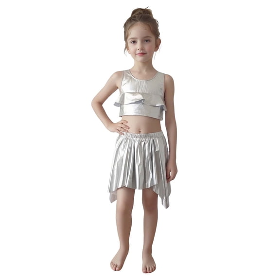 Teen Dance for Girls Sparkly Silver Dance Sleeveless Ruffles Top and Sparkly Skirt Outfit Set Dance Outfits for Girls Street Dance Outerwear 10-12 Years