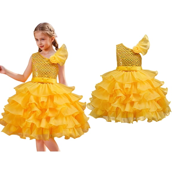 Dance for Girls Yellow Sequin Dress Tulle Dance Dresses Dance Jazz Dance Outfits for Girls Stage Performance Outerwear 11-12 Years