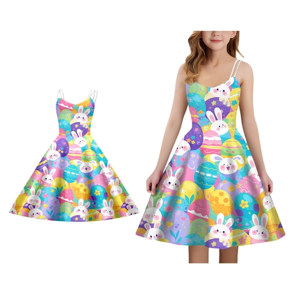 Easter Dress Girls Cute Print Spaghetti Strap A-Line Dress Summer Dresses Girls Cute Outfits for Girls 11-12 Years