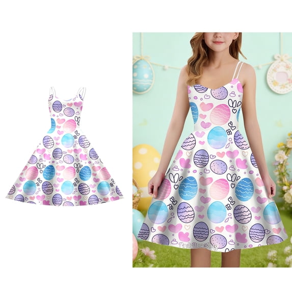 Easter Dresses Girls Cute Print Spaghetti Strap A-Line Dress Girl Summer Dress 11-12 Years Dresses for Girls