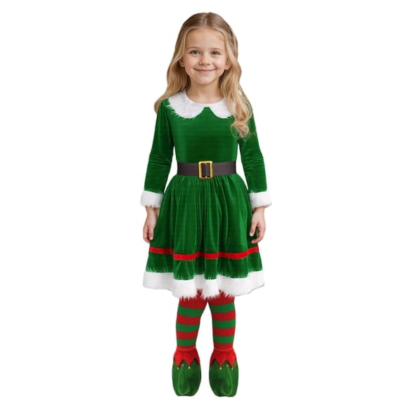 Elf Girls Outfit Long Sleeve Christmas Elf Dress Girls Hat Set Party Outfit Christmas Outfits Girls 150