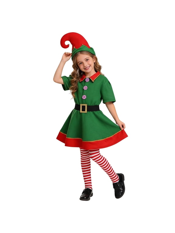 Teen Elf Outfit for Girls Short Sleeve Christmas Elf Dress Girls Hat Sets Dress Up Clothes Christmas Outfit for Girls 14-15 Years