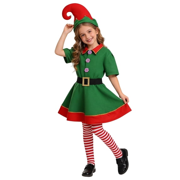 Elf Outfit for Girls Short Sleeve Christmas Elf Dress Girls Hat Sets Holiday Party Dress Christmas Outfit Kids Girl 13-14 Years