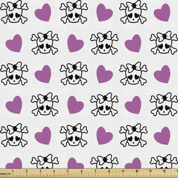 Teen Fabric by the Yard, Funky and Girlish Youth Pattern Emo Skulls with Bowknots Bones and Hearts, Decorative Upholstery Fabric for Sofas and Home Accents, 3 Yards, Violet Black White by Ambesonne