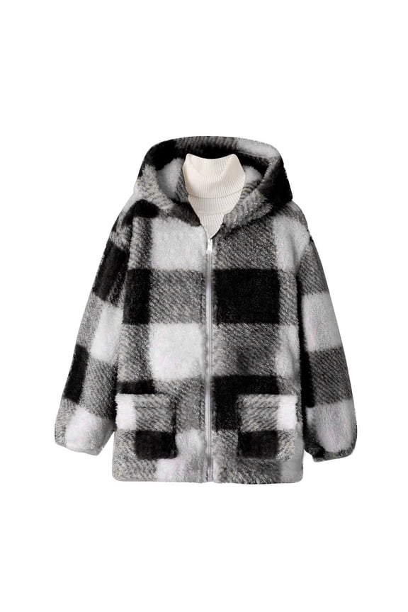 Teen Fleece Jackets Plaid Long Sleeve Zip Up Outerwear Hooded 10-11 Years Girl Clothes Fall