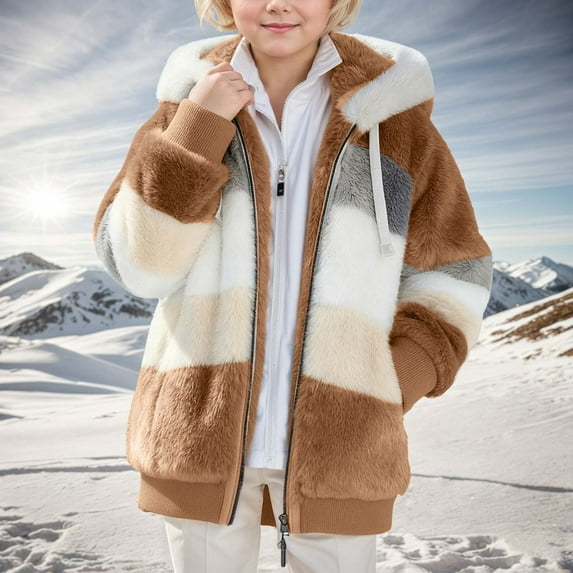 Teen Fleece Jacket for Kids Color Block Boys Long Sleeve Lightweight Zip Up Fuzzy Jacket Hooded Girls 13-14 Years Fall Clothes