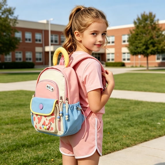 Teen Girl Backpack Colorblock Kids Backpack Lightweight Outdoor Travel Casual School Daypack Pink One Size