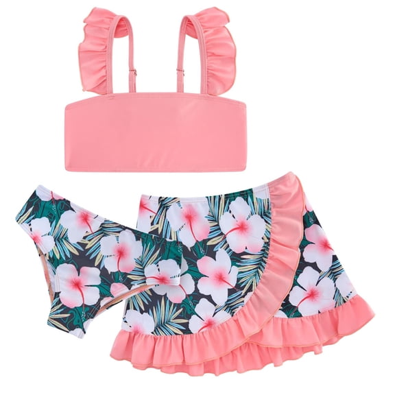 Teen Girl Bathing Suits Girls 3 Piece Swimsuits Bathing Suit Cute Bikini Tankini Set with Cover Up Skirt for 6-12 Years