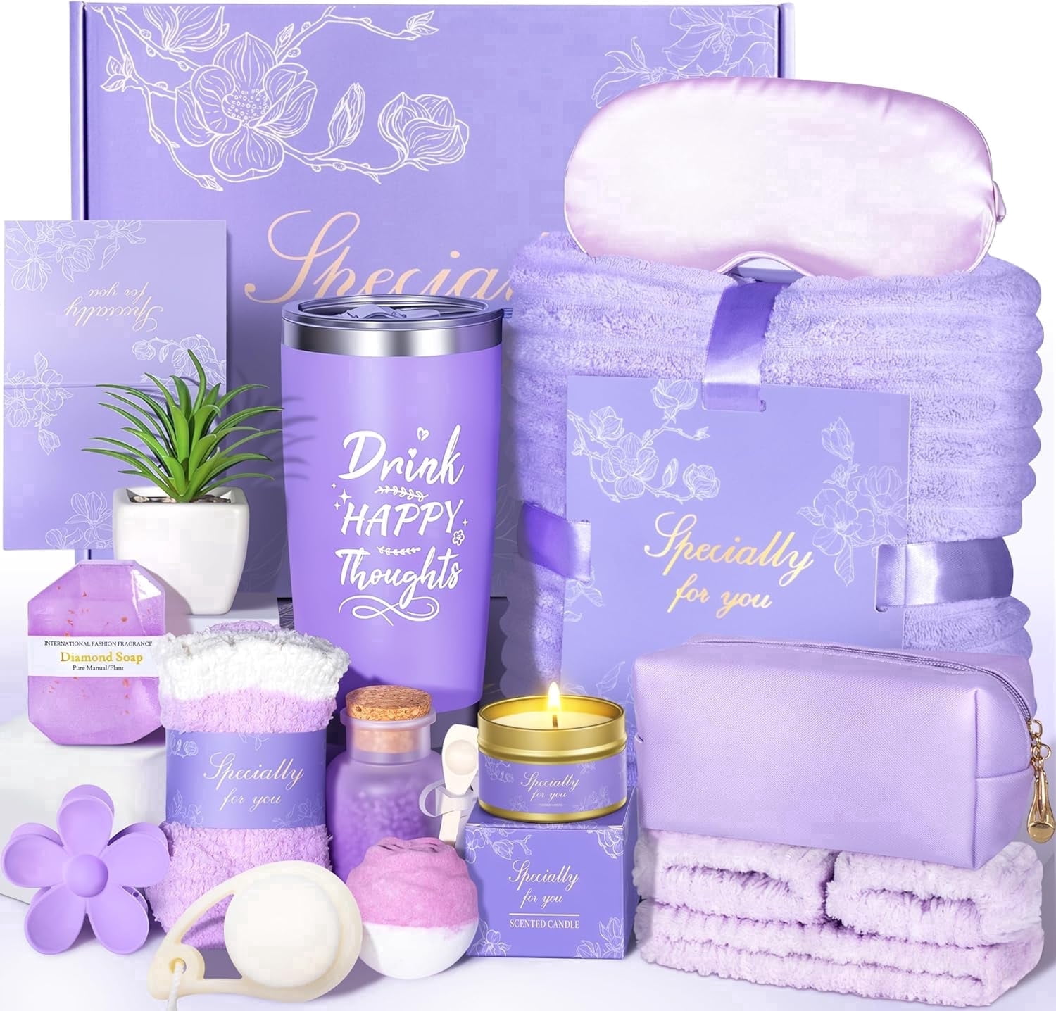 15Pcs Birthday Gifts for Women, Self Care Gifts Get Well Soon Gifts, Relaxing Spa Gifts Basket Care Package, Flannel Blanket and 20 oz Tumbler,
