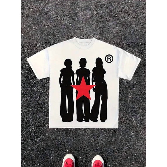 Teen Girl Clothes,With Three Girls And A Red PentagramPattern, Short Sleeved T-Shirt For Teenagers, Letter Printed T-Shirt, Regular Round Neck, Breathable Fabric