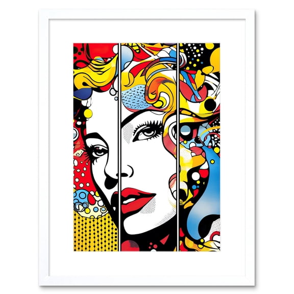 Teen Girl Comic Book Style Vibrant Patterns Abstract Triptych Portrait Bedroom Artwork Framed Wall Art Print 9X7 Inch