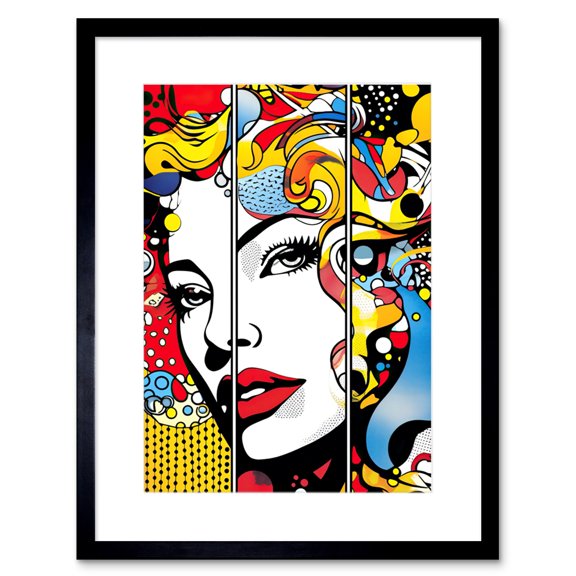 Teen Girl Comic Book Style Vibrant Patterns Abstract Triptych Portrait Bedroom Artwork Framed Wall Art Print 9X7 Inch