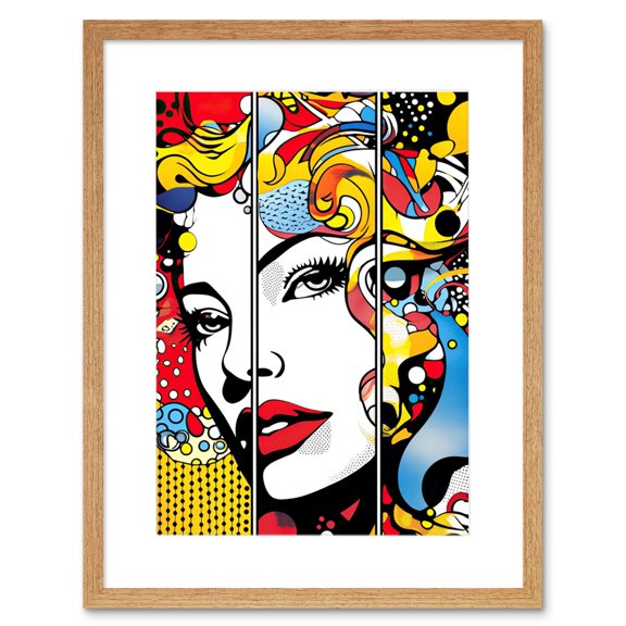 Teen Girl Comic Book Style Vibrant Patterns Abstract Triptych Portrait Bedroom Artwork Framed Wall Art Print 9X7 Inch