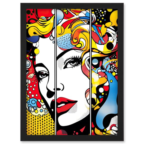 Teen Girl Comic Book Style Vibrant Patterns Abstract Triptych Portrait Bedroom Artwork Framed Wall Art Print A4