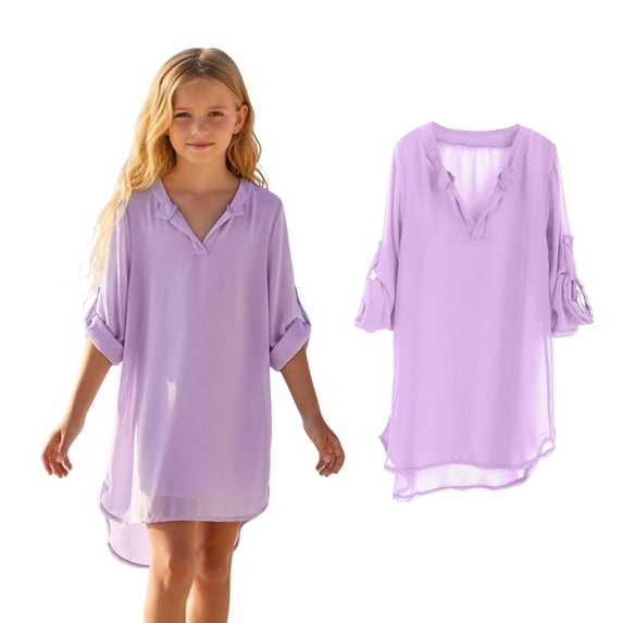 Teen Girl Cover Ups for Swimwear Crew Neck Purple Girls Chiffon Cover Up Girls Chiffon Dress Girls 12-13 Years Bathing Suit