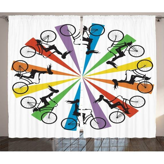 Ambesonne Feminine Curtains 2 Panel Set, Lady on Bike Rainbow, 108" x 84", Blue Red