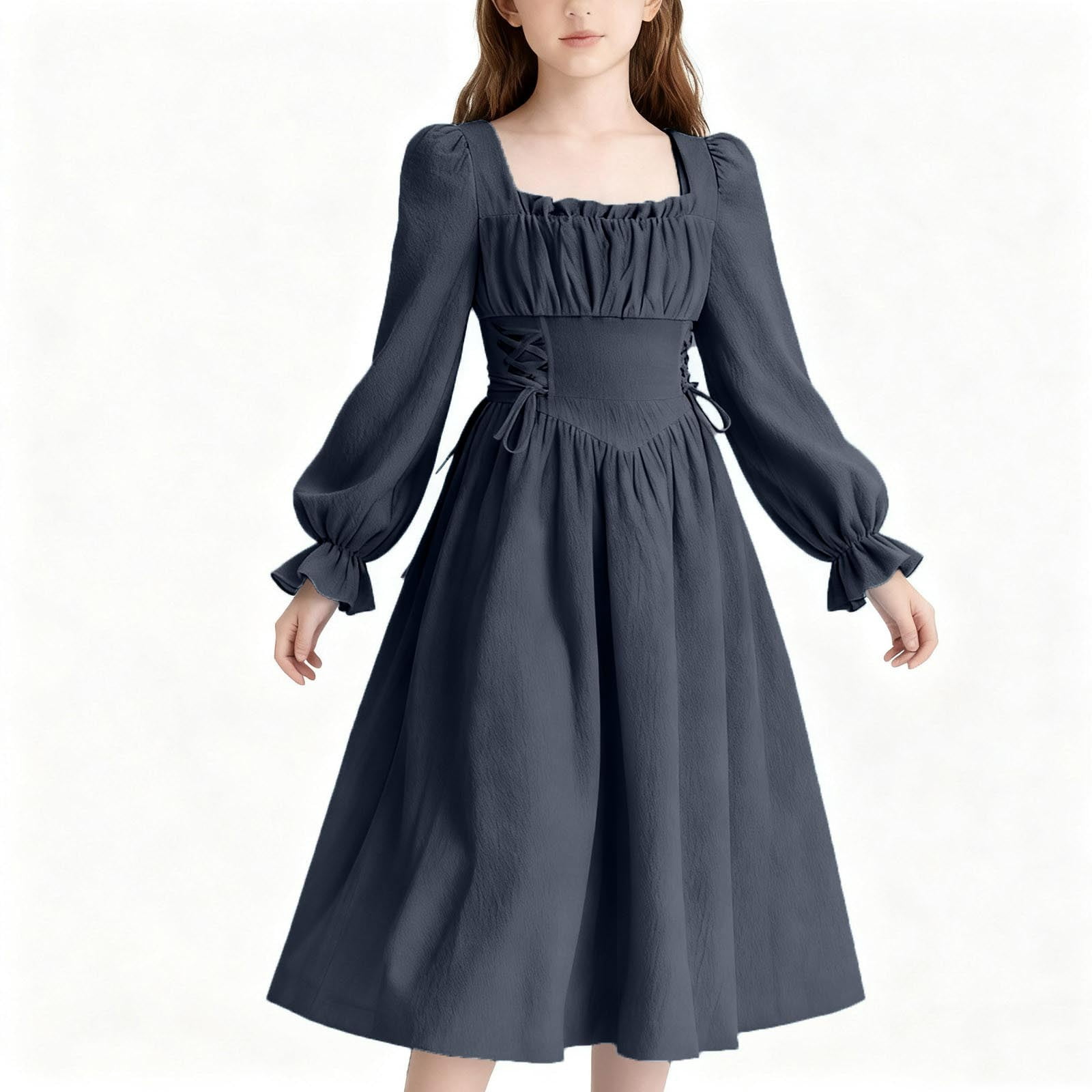 midi dresses for teens Burgundy Floral Print Ruffle Sleeve Midi Dress Teenage Sweet 16 Party Casual With Waist Belt Bow Square Neck Flared A-Line High Waist Polye,13Y