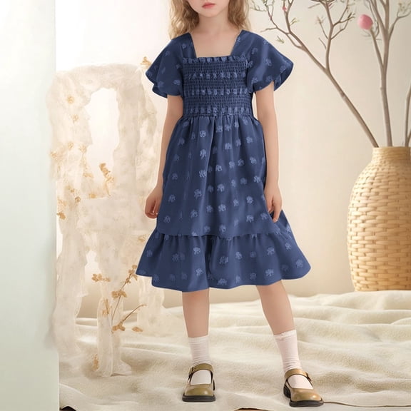 Teen Girl Dresses Short Sleeve Tiered Swing A-Line Cotton Navy Dresses For Girls Toddler Birthday Dress Rainbow Dress