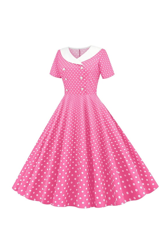 Teen Girl Dresses Vintage Short Sleeve V-Neck Polka Dot Dress Double Breasted Peter Pan Collar 1950s Retro Swing Cocktail Party Gown 5-14Y